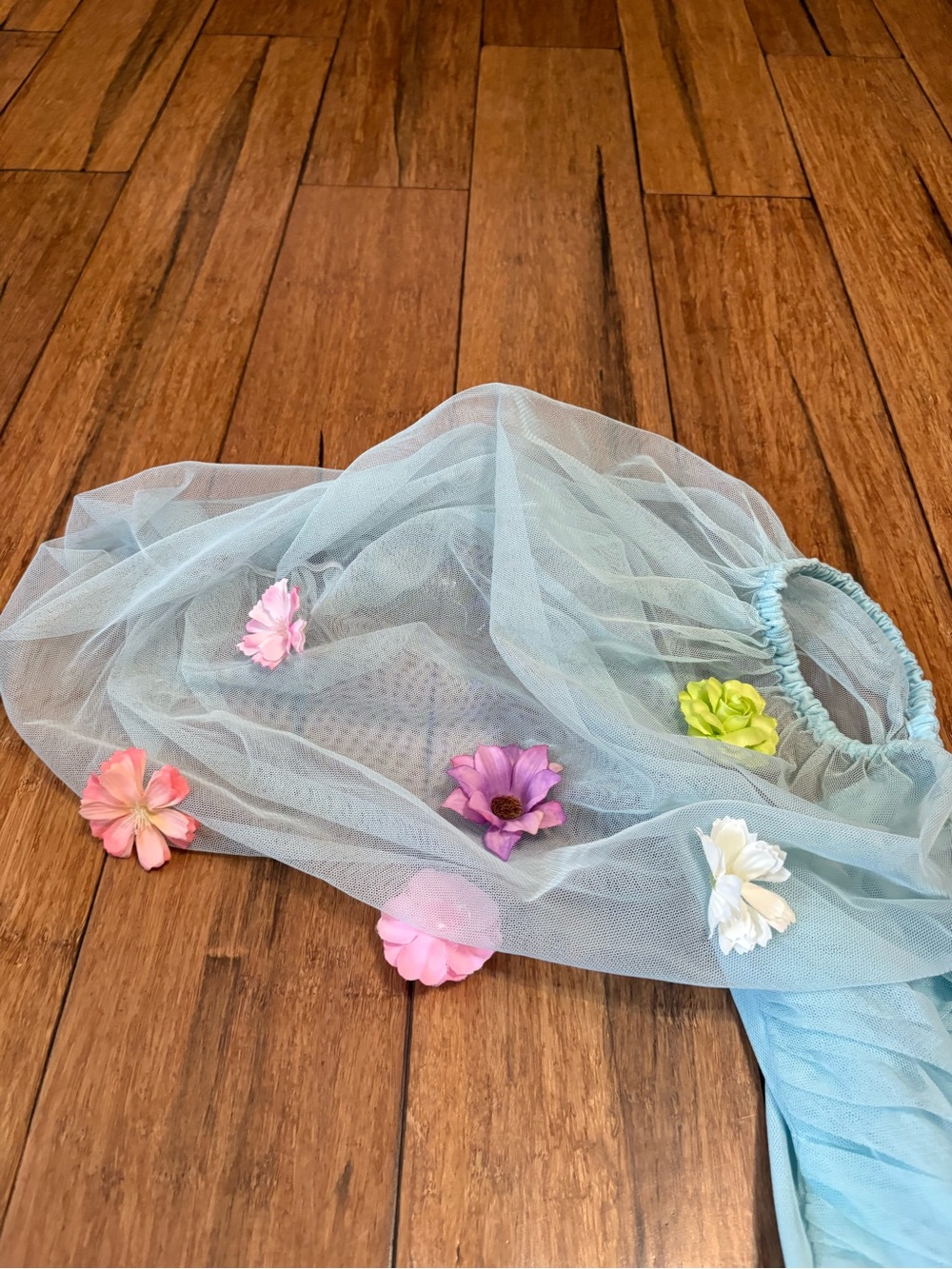 Eloquii Mini Dress Size 22 Light Blue Off Shoulder Sheer Tulle Mutli 3D Flowers - Picture 4 of 9